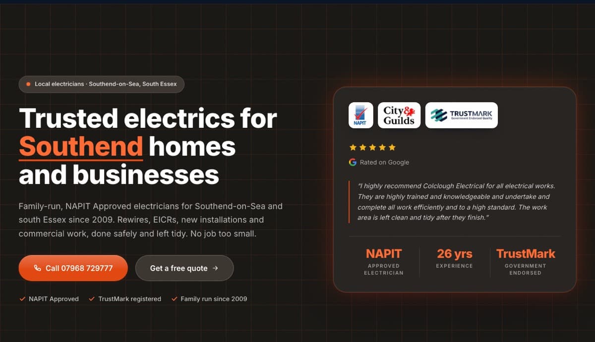 Electrician website example: Colclough Electrical, electrical contractors in southend-on-sea