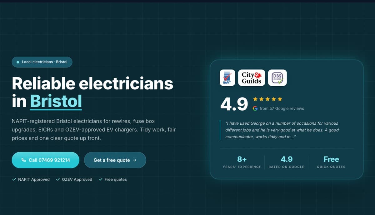 Electrician website example: GW Power Solutions, electricians in bristol