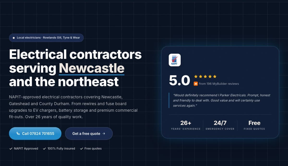 Electrician website example: I. Parker Electricals, electricians in newcastle and gateshead