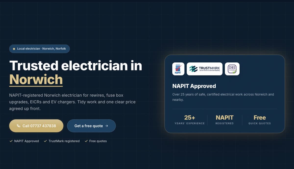 Electrician website example: JC Electrical, electricians in norwich