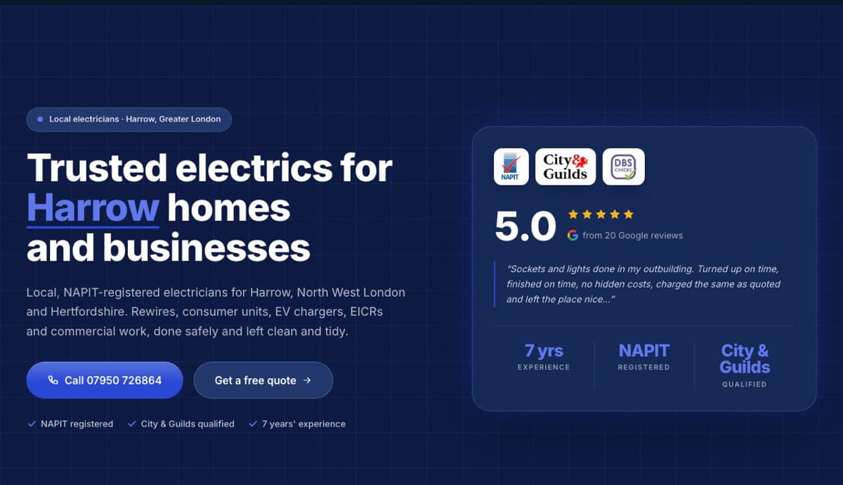 Electrician website example: KHY Electrical, electricians in harrow