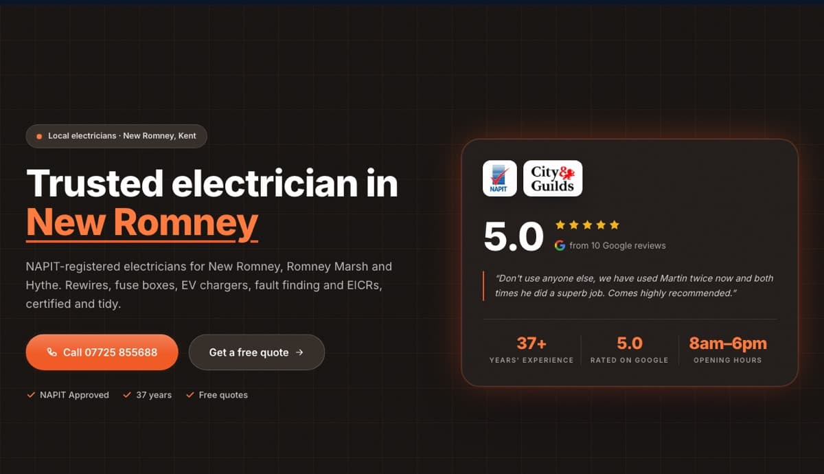 Electrician website example: Martin Chamberlain Electrical, electrician in new romney, kent