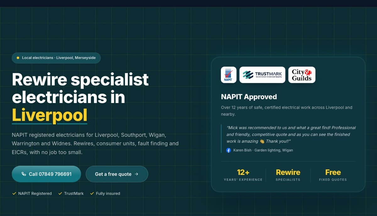Electrician website example: MW Electrical Services, electricians in liverpool