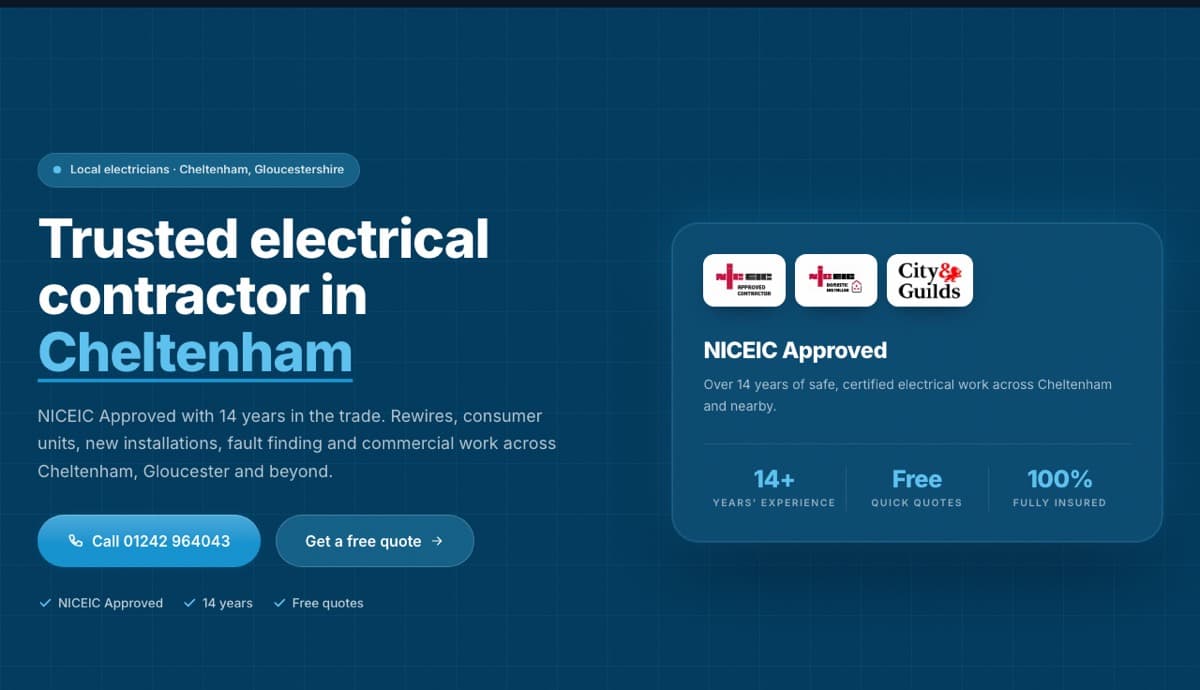 Electrician website example: Pepmore, electricians in cheltenham