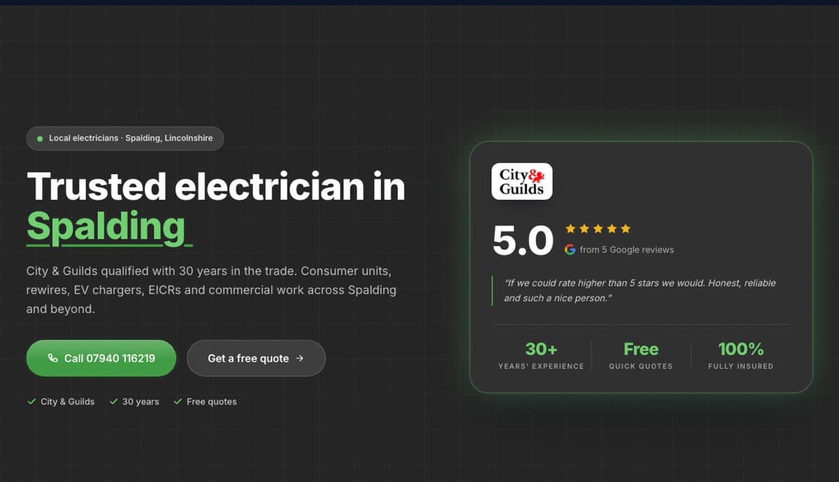 Electrician website example: Pro Electrical Design, electricians in spalding