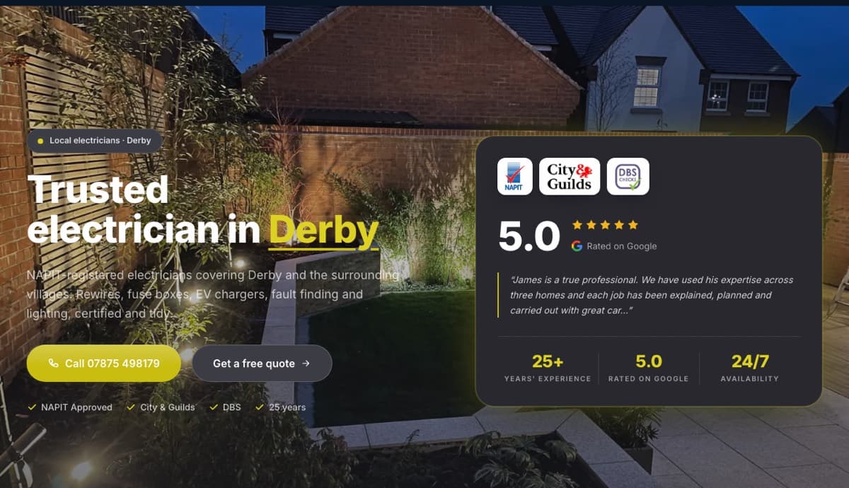 Electrician website example: Trent Electrical Services, 24/7 electricians in derby